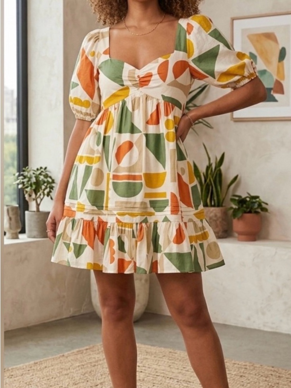 Gianni Bini Abstract Print Short Dress in Cream, Olive & Rust -